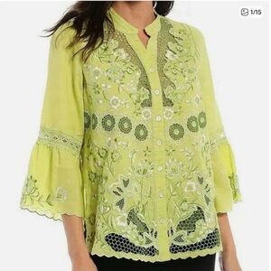 John Mark Linen Embroider Flare Sleeve Button Green Floral Shirt M—>L Crochet